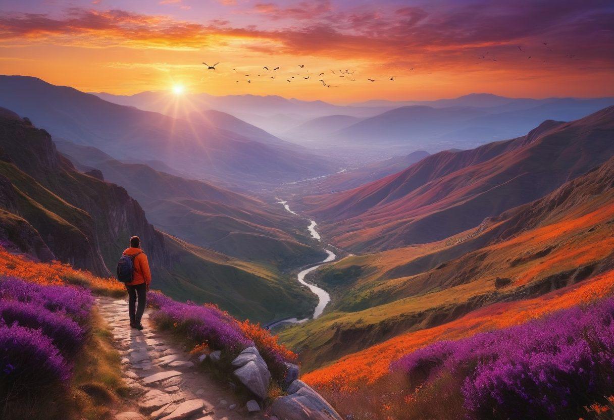 A breathtaking landscape showcasing a person standing at the edge of a cliff, gazing at a panoramic view of mountains and valleys, exuding confidence and excitement. The sun sets in vibrant oranges and purples, casting a warm glow on the adventurer's face. Include symbols of growth like a winding path leading into the distance and a flock of birds flying high above. super-realistic. vibrant colors. serene atmosphere.