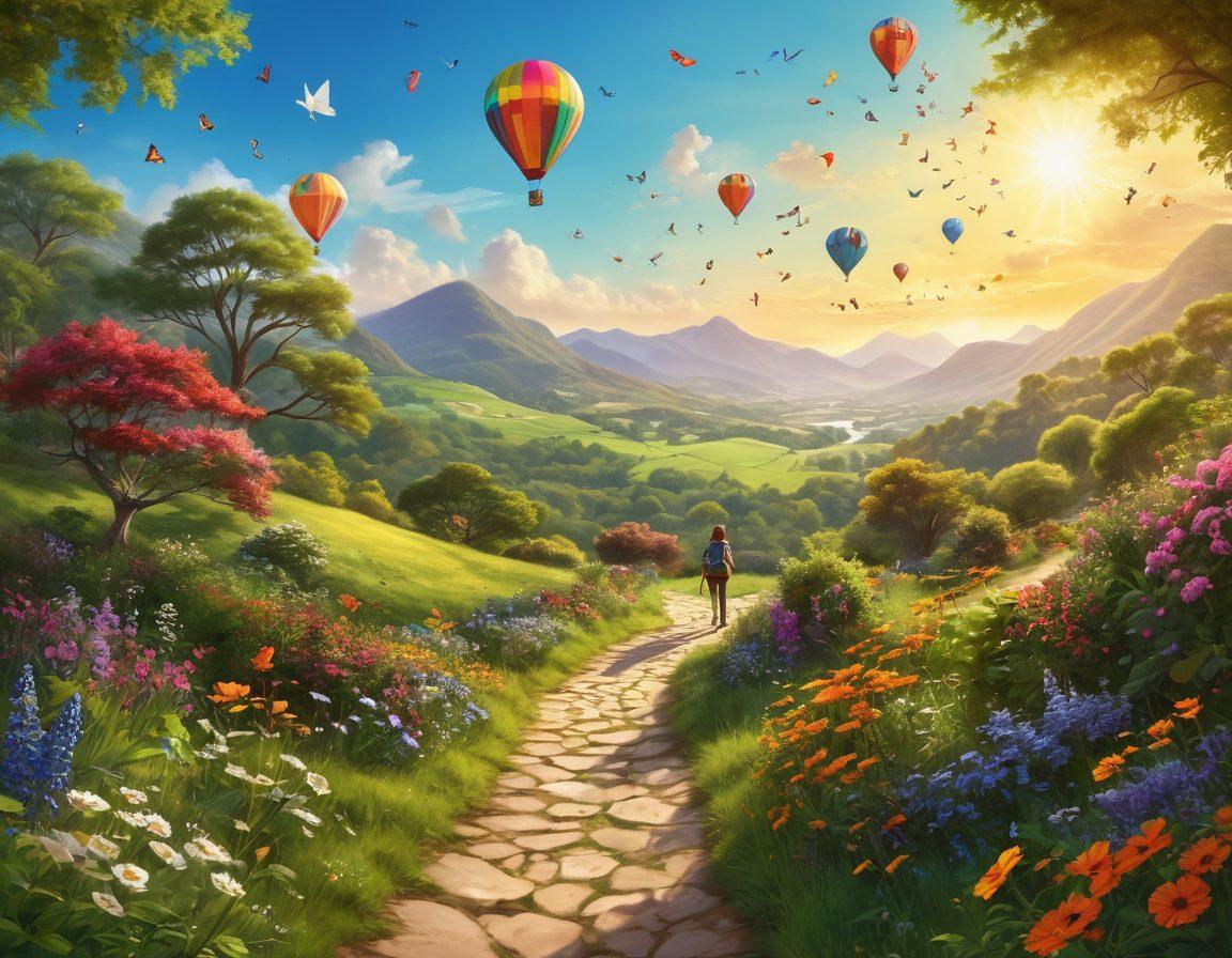 A whimsical scene depicting a vibrant landscape filled with lush greenery, a winding path leading to a bright sun shining down, with diverse people of different ages engaging in joyful activities like hiking, dancing, and sharing laughter. Incorporate symbols of joy such as butterflies, colorful kites, and blooming flowers. The atmosphere should radiate positivity and adventure, inviting readers to embrace a joyful life. super-realistic. vibrant colors. cheerful atmosphere.
